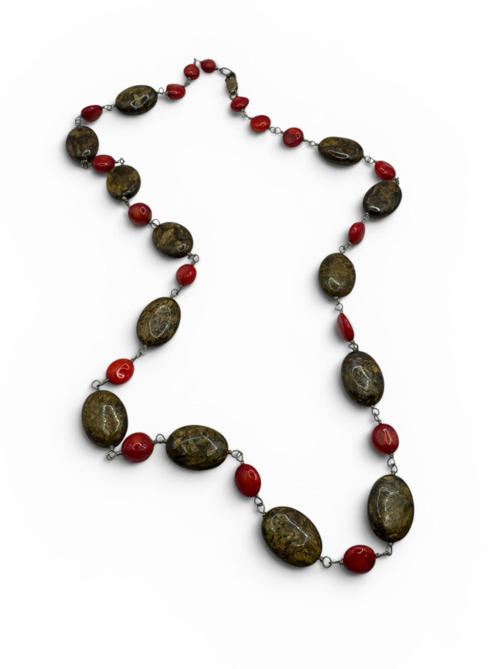 Vintage Sterling Silver Red Coral Tiger Eye Necklace Tiger Eye Necklace 27” - Picture 3 of 5